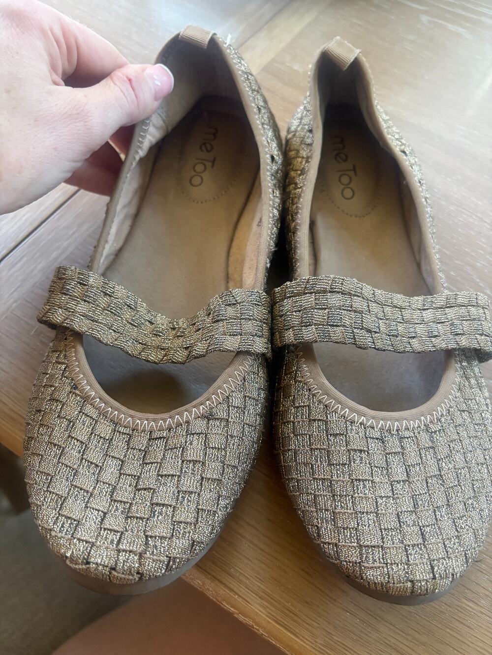 ME TOO Women's Woven Mary Jane Flats Gold Metallic Comfort Shoes Size 8.5M